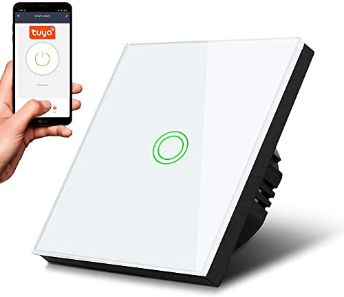 Maclean MCE715B Smart WiFi Touch Interruptor de luz compatible con la aplicación Tuya APP, cristal con cambio de color, retroiluminación LED, 85 x 85 mm (1 compartimento redondo, negr