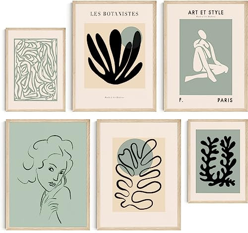 Hambient Poster Set, Wohnzimmer Deko Schlafzimmer, Zimmer - Wanddeko, Wandbilder - Bilder OHNE Bilderrahmen (Abstrakt Matisse Grün, 4 x 30x40 cm, 2 x 21x30 cm)