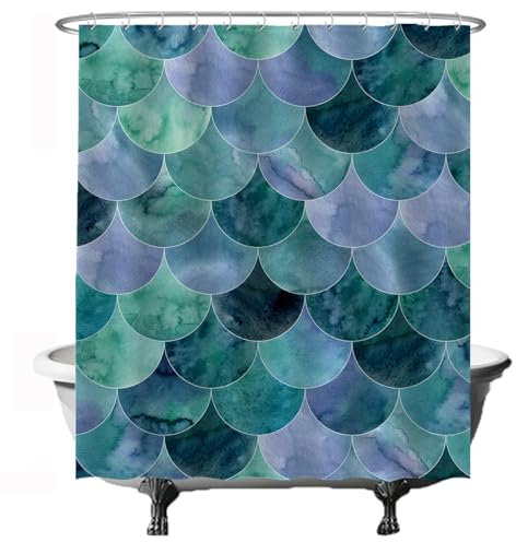 Ulticool Duschvorhang – Waage Meerjungfrau Wellen - 180 x 200 cm - Waschbar - Anti Schimmel - mit 12 Ringen – Blau Grün