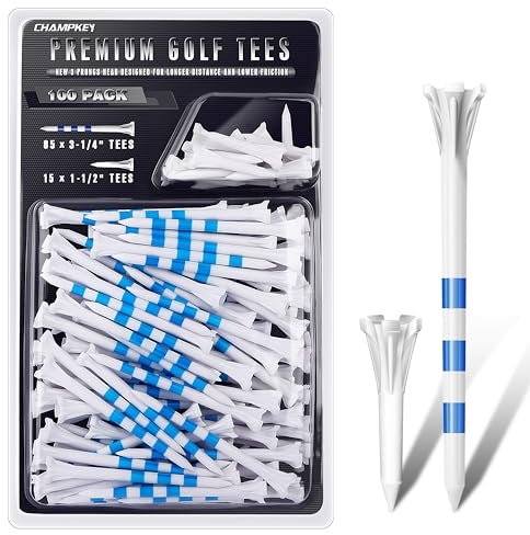 CHAMPKEY Original Plastic Golf Tees 100 Pack | 85 Driver Tees with 15 Iron/Hybrid Tees Mixed Pack | Low Friction and Resistance Golf Plastic Tees (3-1/4)