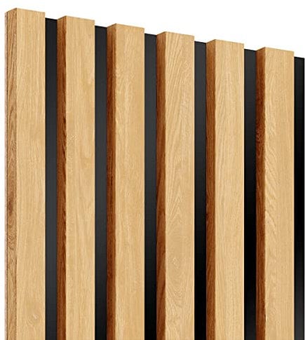 KLEMP Wandpaneele – Lamellenleisten aus MDF auf HDF Platte 30x275 cm, Wandverkleidung zur Montage mit Kleber oder Klebeband auf schwarzem Untergrund 2er-set Eiche Natur