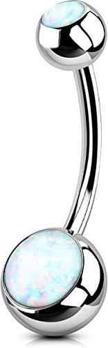 OUFER 14G Bauchnabelpiercing Ring Titan 12 mm Piercing Bauchnabel Lang Kurz Weißer Opal Edelstein Kugeln Belly Button Piercing Navel Bars Silber 1.6 mm Nabelring Frau Schmuck