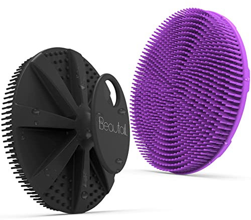 Silicone Body Scrubber 2 Pack, BEAUTAIL Shower Bath Scrubber, More Hygienic Than Traditional Loofah, Lather Nicely, Gentle Exfoliating Brush for Women Men Baby Sensitive Skin, Black+Purple