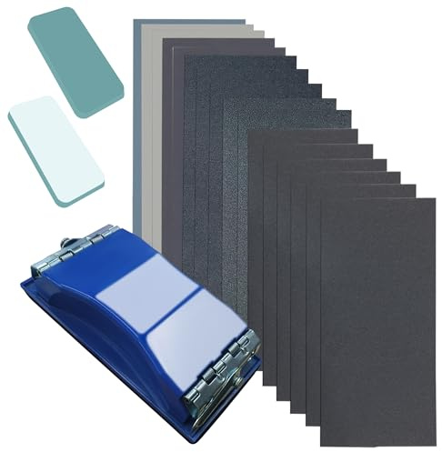 VRKET 3-in-1 Wet Dry Sandpaper Set,48 Sheets of 80 to 3000 Grit Sand Paper,1 Sandpaper Holder and 2 Sponges Sanding Block for Wood Furniture Finishing Metal Automotive Sanding Polishing