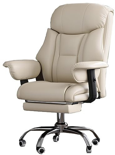 GIZNXBA Bürostuhl Ergonomisch Mit Fußstütze, Computerstuhl Leder, Schreibtischstuhl Chefsessel Für Erwachsene, Verstellbarer Schreibtisch Drehsessel Mit Armlehnen (Color : /Beige)