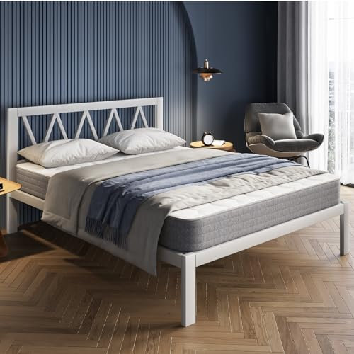Avenco Bettgestell 120 x 200 cm mit Kopfteil, Metallbett mit Holzlattenrost, Rahmenhöhe 35 cm, Bettrahmen mit Stauraum, einfach zu montieren, weiß