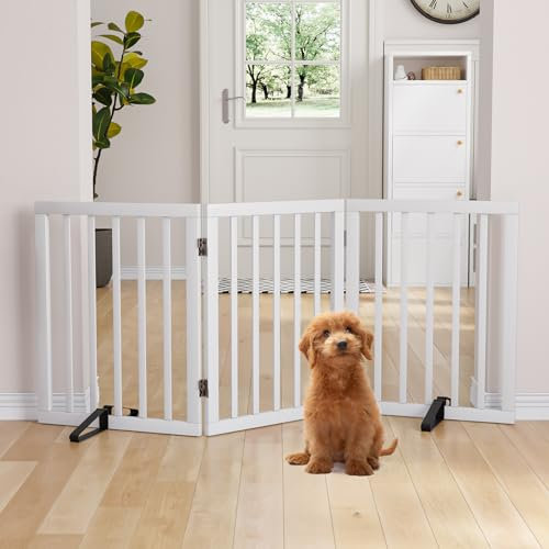 Semiocthome Bamboo Freestanding Dog Gates for Doorways, 3-Panel Indoor Puppy Gates for the House with 2 Metal Stands, 60cm (H) Folding Pet Gate for Stairs Expands Up to 140 (W) Fully Assembled White