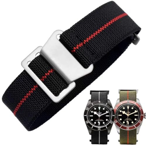 Danxancy Nylon Elastisches Uhrenarmbänder,Militärisches,Parachute,Ersatz armband aus Stoff,mit Haken, Schnalle, Schwarz/Silber, für Herren und Damen, 10 Farben, 3 Größen 18/20/22 mm