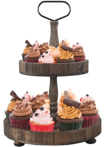 Wood Tiered Cake Tray Decor 2-Tier Farmhouse Fall Food Organizer Holder with Metal Handle Detachable Kitchen Serving Tray Cupcake Display Stand for Thanksgiving Table Countertop (brown)