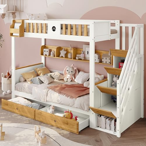 Litera con escalera, amplio espacio de almacenamiento, marco de madera de pino y MDF, cuna con 4 taquillas en la escalera, con barrera anticaídas y 2 cajones, estante abierto, color blanco y natural,