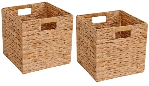 Wicker Storage Basket Foldable Hyacinth Storage Box Set of 2, 12x12x12 Inch - Handmade Woven Basket for Closet,Shelf Organization & Decor