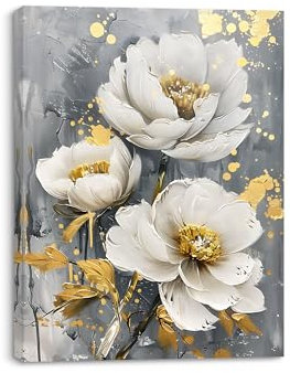 Piy Painting Tableau sur Toile Fleurs blanches, Impression sur Toile Florale, Tableau Decoration Murale, Peinture à l’huile Image de fleur pour Salon Chambre Salle de yoga 30X40 cm, Cadre Intégré