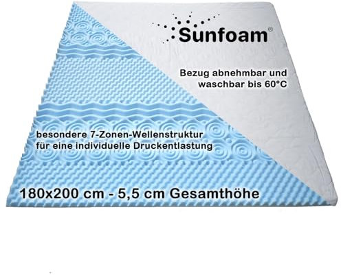 Sunfoam Topper 180x200 cm 7-Zonen-Wellenstruktur | individuelle Druckentlastung | Bezug waschbar bis 60 Grad | Oeko-TEX® 100