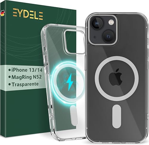 EYDELE Custodia MagStyle per iPhone 14 | 13 [ Compatibile con MagSafe ] - Case ibrida Magnetica [ Backcase rigida | Bordi in silicone ] - Trasparente Anti-ingiallimento