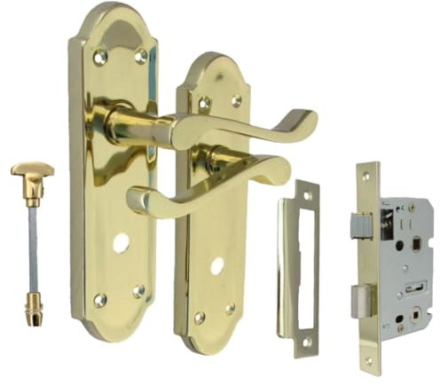 Askworth Door Handles - Brass Plated Internal Door Handles - Door Handles Sets with Sash Bathroom,Brass Plated Door Handle Set for Internal Doors,Door Handle in Brass Plated 170mm x 48mm