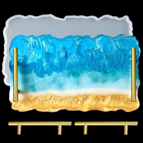 EPODA Silicone Resin Tray Molds,Includes 1Platter Mold, 2 Gold Handles,Irregular Rectangle Tray Mould,Large Silicone Sheet for DIY Crafts,Home Decoration,Table Wine(15 x 30inches)