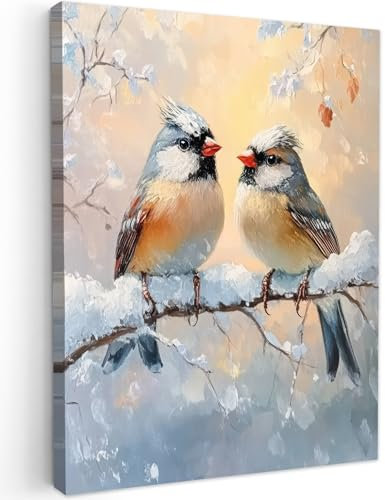 MuchoWow© Impressions sur Toile 60x80 cm Deco Tableau Murale Cadeau Noel Decoration Salon Peinture Tableaux Chambre Toiles Maison Oiseaux - Branche - Hiver - Neige