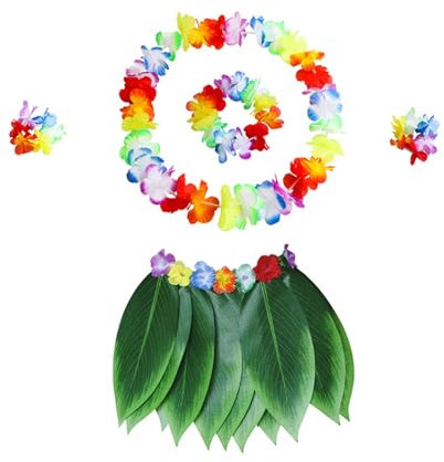 Hula Luau Party kostüm,Blatt Hula Rock und Hawaiian Leis Set,Hawaiikette Gras Röcke,Hawaii Rock Palmblätter,Hawaiian Gras Hula Rock,für Erwachsene, Sommerstrand, tropische Party-Dekorationen（5 stücke）