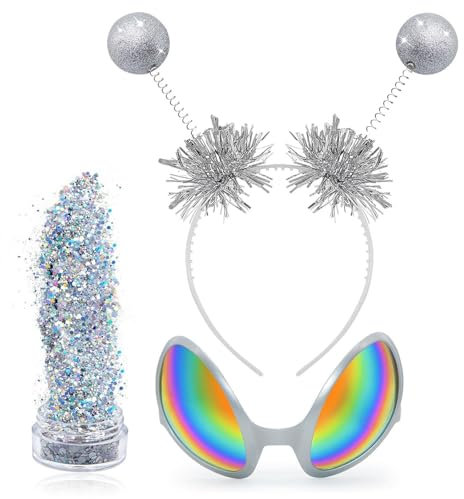 3pcs Alien Kostüm Damen,Space Kostüm Damen,Alien Haarreif Holografischer Glitter Und Brille,Alien Headband Discokugel Deko Party Gadgets,Fasching Kopfschmuck Damen Herren Kinder Karneval (Style 1)