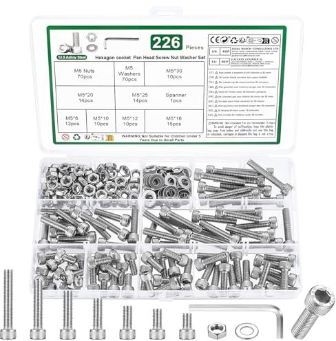 226 Pz Set di Viti M5, Viti Bulloni e Dadi Kit, Bulloni Viti a Testa Cilindrica con Esagono Incassato e Dadi e Rondelle Set, Viti Bulloni a Testa Esagonale e Dadi, DIN912 Viti a Brugola(Argento)