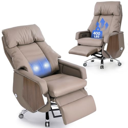 EMIAH Executive Massage Chefsessel Bequem Liegefunktion Bürostuhl mit Armlehne Ergonomischer Schreibtischstuhl mit Fußstütze und Lendenwirbelstütze Elektrischer Rollender Leder Computerstuhl (Khaki)