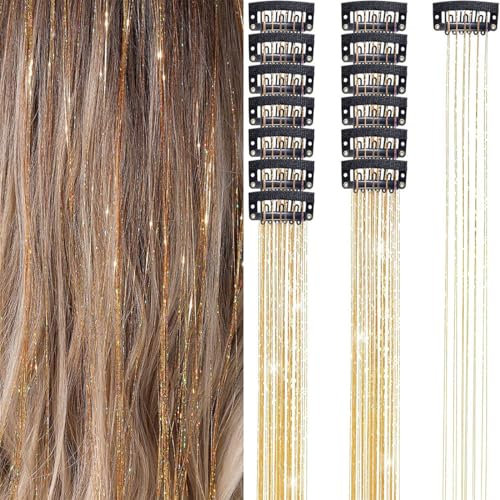 WUSJCOF 12 Stück Glitter Hair Strands Tinsel Hair Extensions Glitter Girls Accessories Party Highlights Hair Tinsel Hair Strands for Braiding Hairpiece with Clip (50,8 cm) (gold)