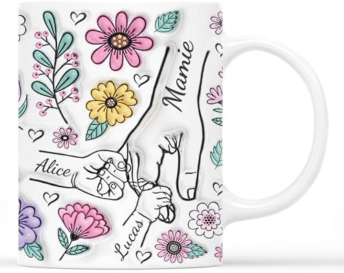 Cadeau Plus Mug Personnalisé Prénom - Mamie Maman Tenant Les Mains - Cadeau Mamie, Tasse Personnalisée Maman, Cadeaux pour maman, Mug grand mere