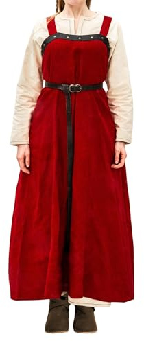 Leonardo Carbone® Damen Überkleid Alena | Verstellbare Träger | Lederapplikationen | Wikinger, Karneval, Halloween, Cosplay, LARP, Mittelalter, Kleid, Leinen | 100% Leinen Rot L/XL