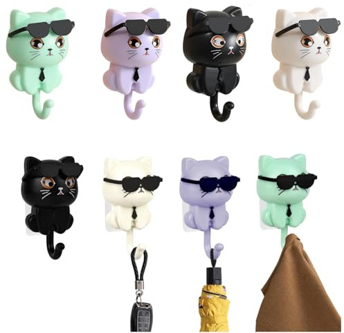 MJFENDAI 4 Stück Sonnenbrille Katze SchlüSselhaken, Selbstklebender Kleiderhaken mit Schlüsselhalter, Ohne Bohren Kreativ Niedliche Selbstklebende Wandhaken für Heimdekoration, Katzenliebhaber