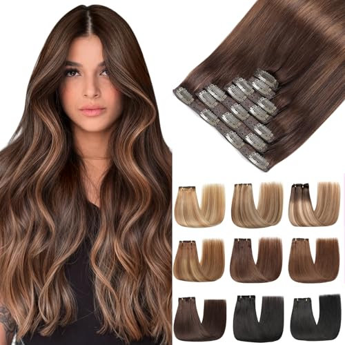 EINbeauty Clip In Extensions Echthaar 7Stücke Extensions Echthaar Gerade Echthaar Extensions Dunkelbraun mit Chestnut Braun Extensions Clip In 80g 35cm(14Zoll，2/2/6#）