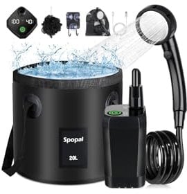 Ducha Portatil Camping, Spopal [Pantalla Temperatura] 6000mAh Recargable Ducha Camper con Cubo Plegable(20L), Modo de Doble Velocidad, Ducha Electrica para Acampar, Hacer Caminatas, Duchas para Perros