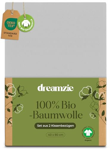 Dreamzie - 100% Bio-Baumwolle - Kissenbezug 40 x 80 cm Baumwolle - 2er Set - Grau - Kissenbezug mit Reißverschluss - Oeko-Tex