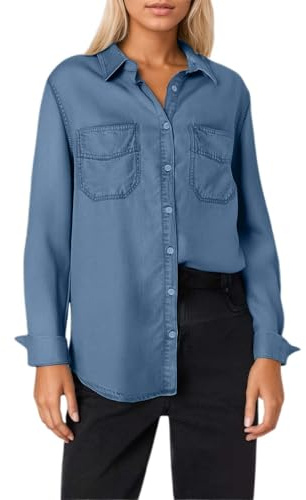 Dasongff Chemise Jean Femme Manches Longues Pas Cher Chemisier Coton Et Lin pour Femmes Col V Boutonné Top Manches Enroulables Hauts Décontractés Couleur Unie Tuniques Blouse Lâche Respirant T-Shirts