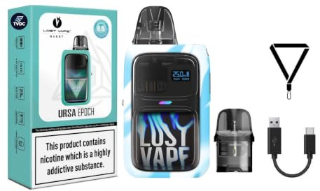 TVDC Lost Vape Ursa Epoch Pod Kit, 1000mah Built-In-Battery, 0.42 OLED Display, Adjustable Airflow Control, USB-C 2AMP Fast Recharging, 2ml Cartridge No Nicotine (Flame Ice)