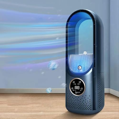 Ventilador sin aspas, ventilador silencioso sin aspas para dormitorio, 6 velocidades de ajuste, control táctil, humidificación, temporizador 6H, ideal para oficina, sala de estar, dormitorio (azul)