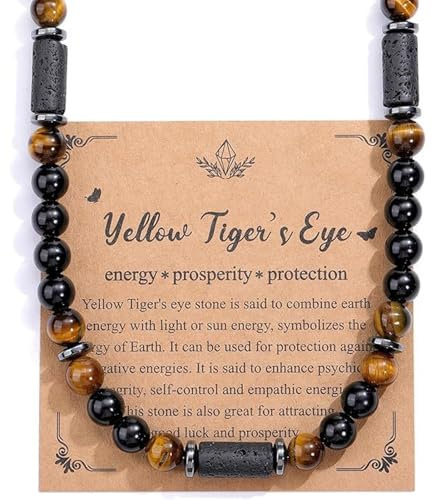 Mens Bead Necklace, Tigers Eye Hematite Black Necklace for Men Dad Birthday | Natural Stonesm,With Message Card,Healing Crystals Bring Positive Energy,Gift for Anniversaries,Valentine's Day