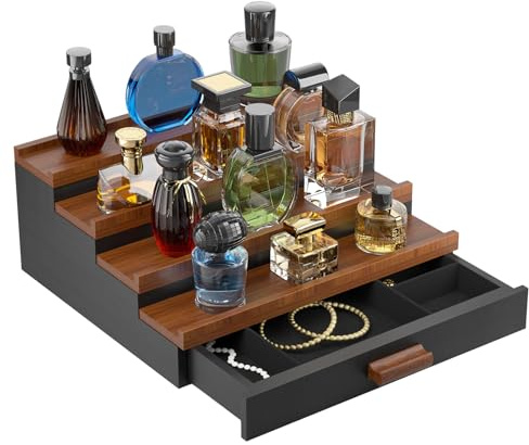 TIRYIUOU Parfüm-Köln-Organizer für Herren: 4-stöckiger Parfümständer aus Holz, Schreibtisch-Parfum-Halter, Holzregal mit Schrank, Schlafzimmer-Kommode, Make-up-Lotion, Schmuck-Aufbewahrungsregal mit