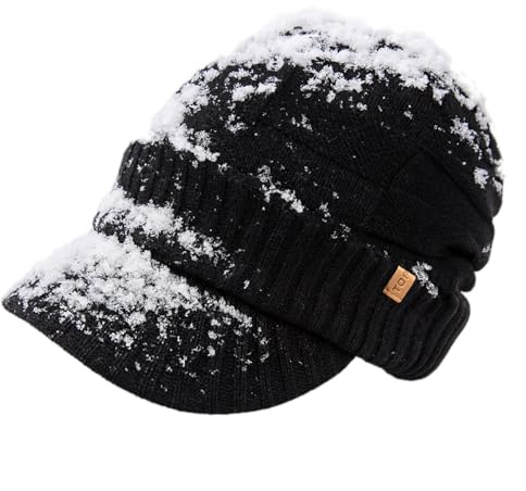 TOP-EX DryKnit™ Schwarz Oversize wasserdichte Visor Strickmütze Warm Wollmix Fleece Gefüttert Wintermütze Große Köpfe Herren Damen Skifahren Outdoor XL/XXL