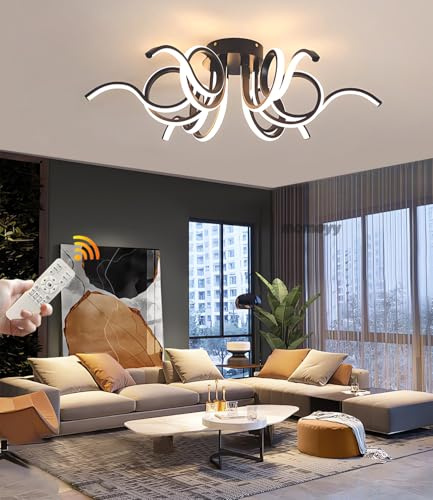 MOMOYY Moderne LED Deckenlampe 70 Cm (27,56 Zoll) Wohnzimmer Deckenleuchte | Schlafzimmer Dimmbare Deckenleuchten Mit Fernbedienung 72 W 5600 Lm FüR KüChe Esszimmer BüRo Deckenbeleuchtung (Schwarz)