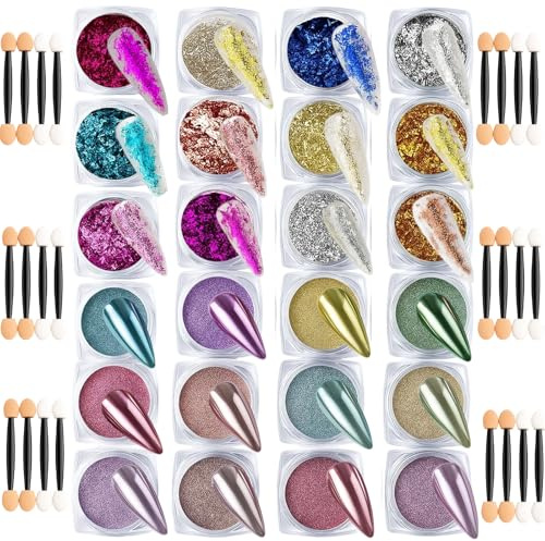 Chrome Nail Powder, 24 Colours Mirror Chrome Powder for Nails with 24 Brushes, 48-Piece Nail Art Kit, Professional Salon Quality, DIY Home Manicure, Holiday & Special Occasion Designs
