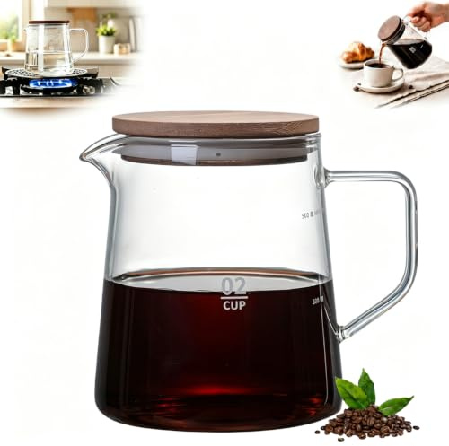 Ticfox Servidor de Café de Cristal con Tapa, Jarra de Vidrio Aislado, Jarra de Cristal Aislante, Servidor de Café de Vidrio de Cristal Versátil para Zumos, Té, Café, Agua, Bebidas Frías (500 ML)