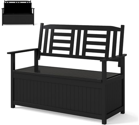 GOPLUS Banc de Jardin 2 Personnes avec Coffre de Jardin Exterieur 185L, Banc Coffre en Bois Peuplier, Charge 250 kg, pour Balcon et Jardin ([Bois Peuplier],Noir)