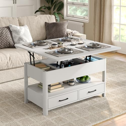 Furnihold Höhenverstellbarer Couchtisch mit Schubladen und Geheimfach, Verwandelt Sich in einen Esstisch für das Wohnzimmer, Weiß