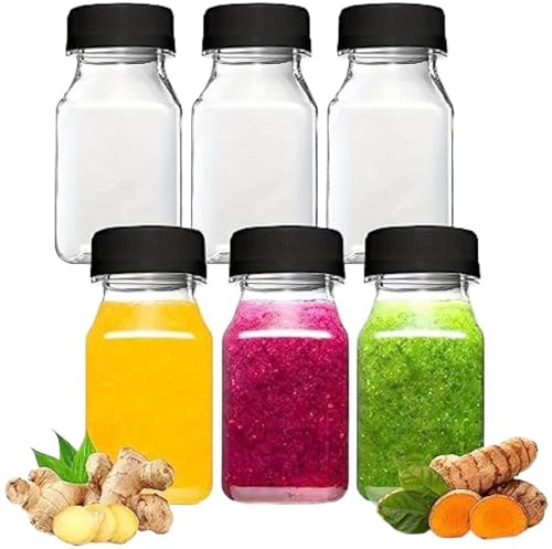 Bouteilles Jus Plastique Lot de 6 bouteilles – Grande capacité, étanches, compatibles congélateur, avec bouchons noirs sécurisés Parfaites for les liquides et friandises glacées(2oz)