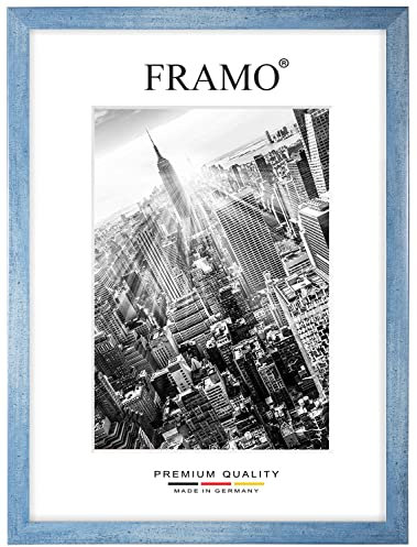 FRAMO Holz Bilderrahmen 49 x 36 cm nach Maß - Hellblau Gewischt | Größe wählbar | inkl. entspiegeltes Acrylglas | Rahmen für Puzzle | Foto | Poster
