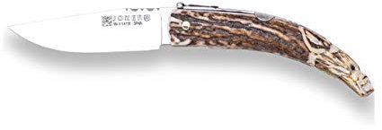 Joker Navaja NC142 Tallada a Mano, Mango de Punta de asta de Ciervo, Motivo jabalí, Hoja de 8 cm MOVA, con Estuche incluído, Herramienta de Pesca, Caza, Camping y Senderismo