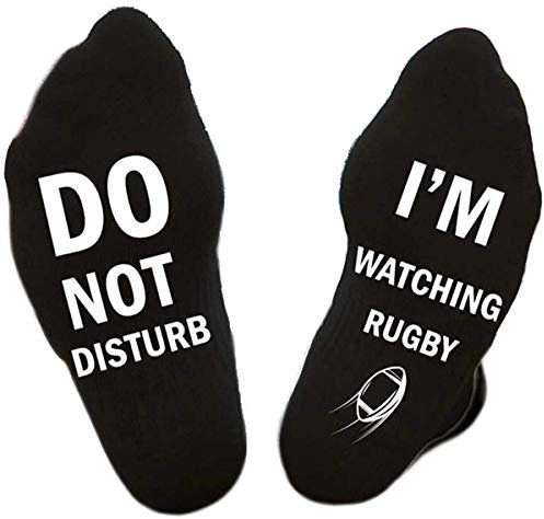 SoulQ Stricksocken mit Aufschrift Do Not Disturb,I'm Watching Rugby, mit lustigem Spruch Gr. L, Schwarz