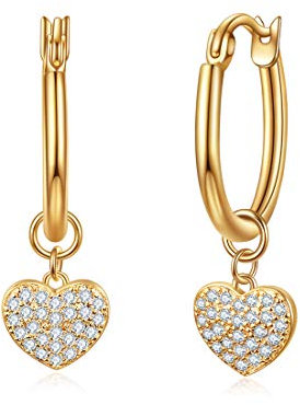 Huggie Creolen mit Mond/Stern Charms, rhodiniert mit Zirkonia & Opal Ohrhänger, Schmuck Geschenk für Frauen (14 Karat heart Charm)