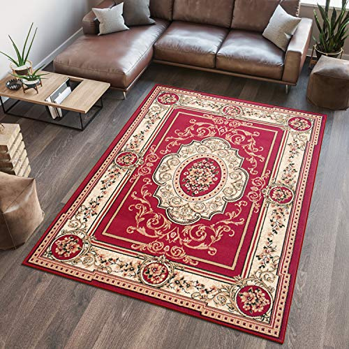 TAPISO Atlas Teppich Kurzflor Creme Rot Klassisch Floral 250 x 300 cm | Wohnzimmer Klassisch Schlafzimmer Traditioneller Teppich für Wohnzimmer Esszimmer OEKO-TEX