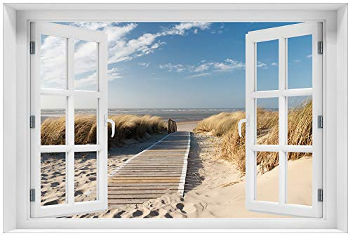 Wallario Glasbild 60 x 90 cm mit Fensterrahmen mit Fenster-Illusion: Auf dem Holzweg zum Strand - Wandbild mit freischwebender Optik